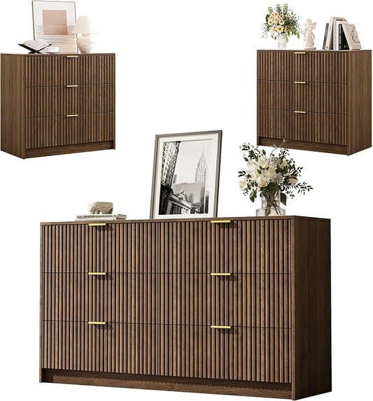 MAISONARIA 3-Piece Dresser Bedroom Set, 6 Drawer Dresser & 3 Drawer Nightstands with Gold Handles, Fluted Wood Chest of Drawers for Bedroom, Living Room, Entryway,Walnut