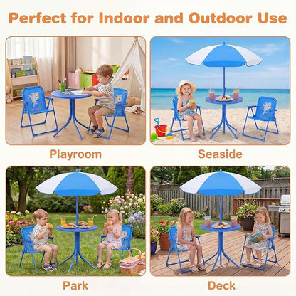 HONEY JOY Kids Picnic Table, Animal Themed Toddler Outdoor Table and Chair Set, 2 Folding Chairs & Removable Umbrella, Children Outdoor Furniture for Backyard Patio Garden (Blue Shark)