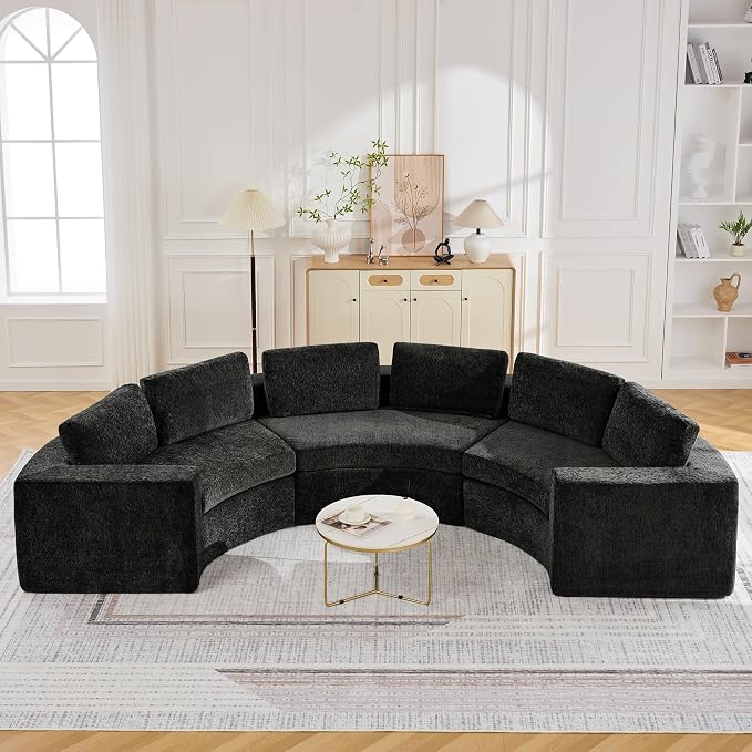 WUTUTUEE 139'' Curved Round Boneless Couch, Oversized Cloud Sofa with Deep Seat & Arms, Chenille Modular Sectional Sofa with Pillows, Upholstered Comfy 6 Seat Couch for Living Room, Black