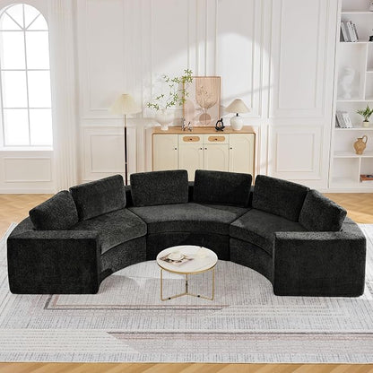 WUTUTUEE 139'' Curved Round Boneless Couch, Oversized Cloud Sofa with Deep Seat & Arms, Chenille Modular Sectional Sofa with Pillows, Upholstered Comfy 6 Seat Couch for Living Room, Black