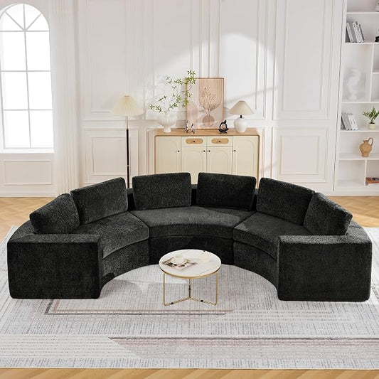 WUTUTUEE 139'' Curved Round Boneless Couch, Oversized Cloud Sofa with Deep Seat & Arms, Chenille Modular Sectional Sofa with Pillows, Upholstered Comfy 6 Seat Couch for Living Room, Black