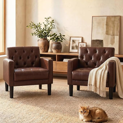 TYBOATLE Accent Chairs Set of 2, Comfy Living Room Chair Leather Tufted Mid Century Modern Accent Chair, Small Cozy Reading Arm Chair for Office, Bedroom
