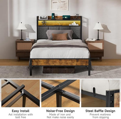 Twin Bed Frame with LED Light &Charging Station, Metal Platform Bed with 2-Tier Shelves & Under Bed Storage, Upholstered Headboard&Footboard,No Box Spring Needed,Noise Free,Easy Assembly,Vintage Brown