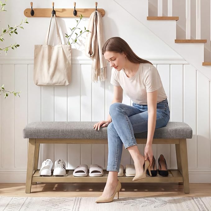 Entryway Bench with Cushion, Upholstered Shoe Rack Bench with Solid Wood Shelf, 44" End of Bed Bench for Bedroom, Chenille Fabric Storage Bench for Entryway, Hallway, Living Room (Grey)
