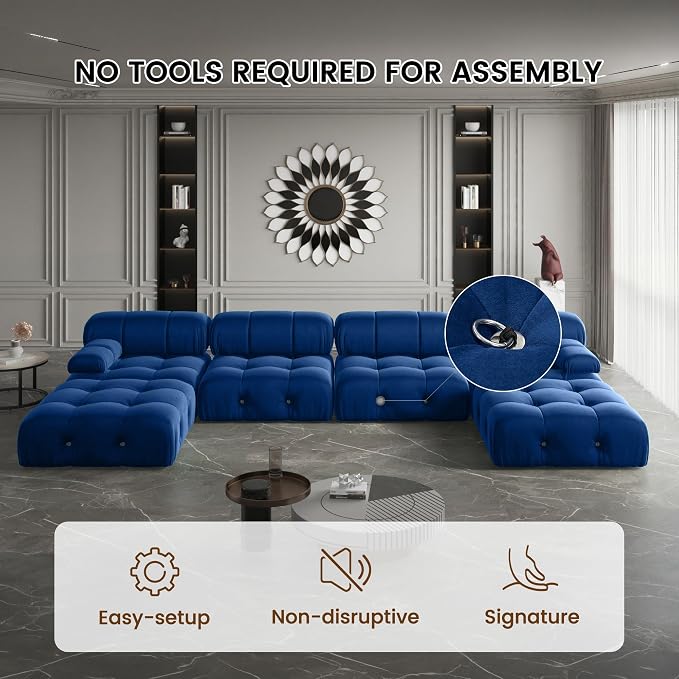 Modern Velvet Sectional Sofa, U Shape Minimalist Modular 6-Seater Couch with 2-Ottomans for Living Room Office Apartment (138in/Blue)