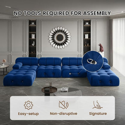 Modern Velvet Sectional Sofa, U Shape Minimalist Modular 6-Seater Couch with 2-Ottomans for Living Room Office Apartment (138in/Blue)