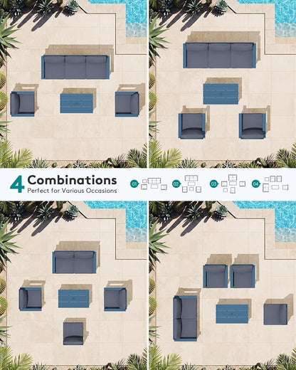 SERWALL HDPE Patio Conversation Set, 6-piece Sectional Outdoor Furniture Set, All Weather Outdoor Couch Set Patio Furniture Set for Deck, Lawn, Blue Frame with Grey Cushion