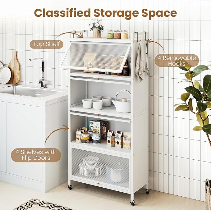 Giantex 5-Tier Kitchen Storage Cabinet, Freestanding Metal Baker's Rack w/4 Flip-up PC Doors, 4 Hooks, Adjustable Feet & Rolling Wheels, Mobile Microwave Stand for Dining Room, Living Room (White)