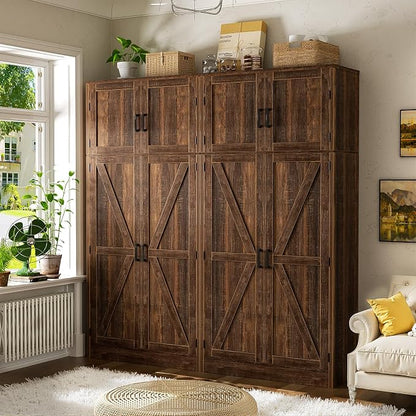 Unikito 71” Farmhouse Storage Cabinet, Large Kitchen Pantry Storage Cabinet with Adjustable Shelves and Barn Doors, Versatile Storage Cupboard for Dinning Room, Bathroom, Living Room, Weathered Brown