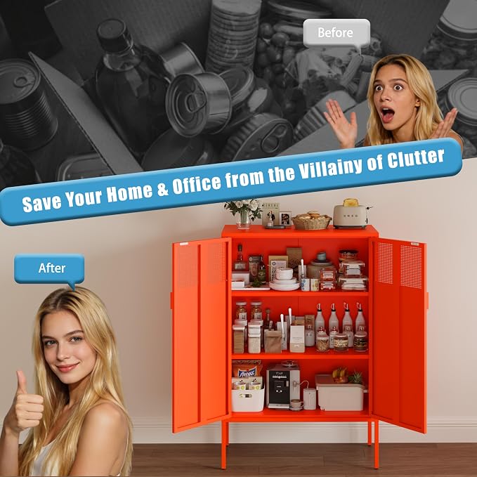 47''H Orange Metal Storage Cabinet, Metal TV Stand with 2 Adjustable Shelves, 3-Tier Metal Locker with Vent Hole, Storage Cabinets for Entryway, Home Office, Music Studio, Home Office