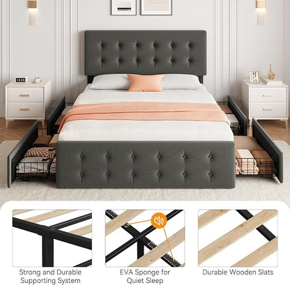 IDEALHOUSE Full Size Bed Frame with 4 Storage Drawers and Headboard, Linen Upholstered Platform Bed Frame with Wooden Slats Support, Button Tufted Design, No Box Spring Needed, Light Grey