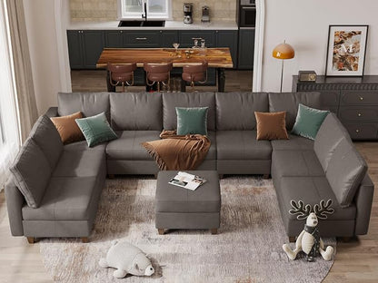 EASE MOOSE Faux Leather Sectional Modular Sofa with Storage,Comfortable Faux Leather Modular Sectional Couch for Living Room,Grey