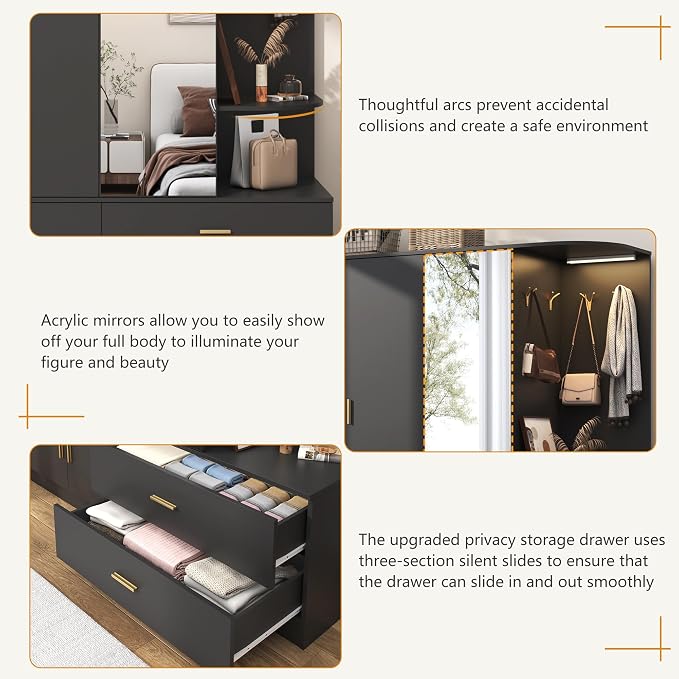 XVD Armoire Wardrobe Closet with Mirror & Sensor Light, Bedroom Armoire with 5 Doors & 2 Drawers, Modern Wooden Large Wardrobe Closet with Shelves, 4 Metal Hooks, 2 Hanging Roods, Open Space, Black