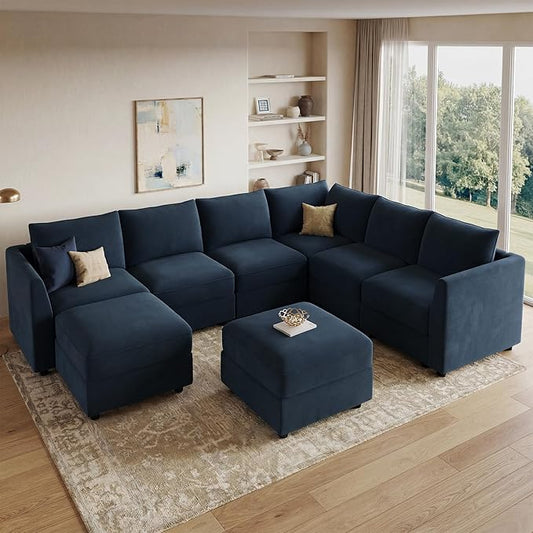 HONBAY Oversized Modular Sectional Sofa with Storage U Shape Sectional Sofa Set Velvet Sectional Couches for Living Room,Dark Blue