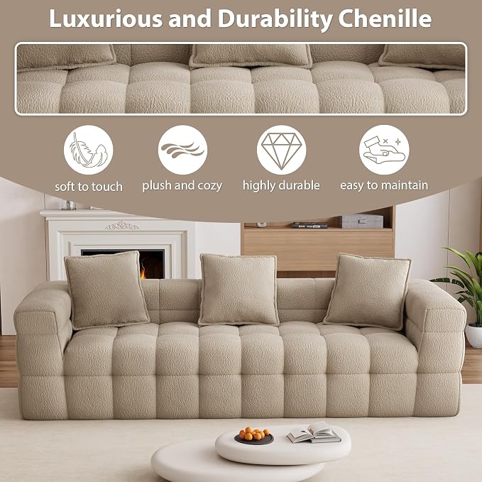 91.3" Boneless Couch,Comfy Cloud Sectional Sofa with Deep Seat,Modern Upholstered Chenille Love Seat Sofa, Oversized Couches for Living Room, No Assembly Required Tufted Sofas, Light Brown