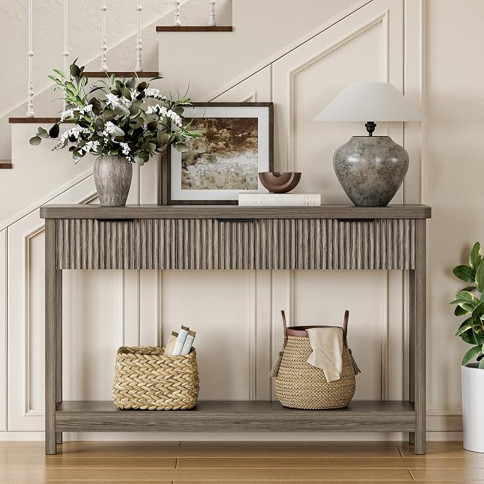 Lulive Fluted Console Table, 51 Inch Entryway Table with 3 Drawers | Scandi farmhouse look with quiet full-extension slides, open lower shelf, profile for hallway, entry, foyer or behind sofa.
