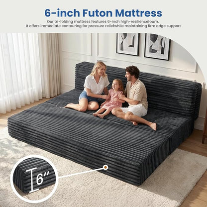 Erament Tri-Fold Futon Sofa Bed, 6 Inch Foldable Floor Couch, High-Density Foam Convertible Sleeper Sofa with Removable Washable Corduroy Cover, Portable Floor Mattress for Living Room (Grey, Full)