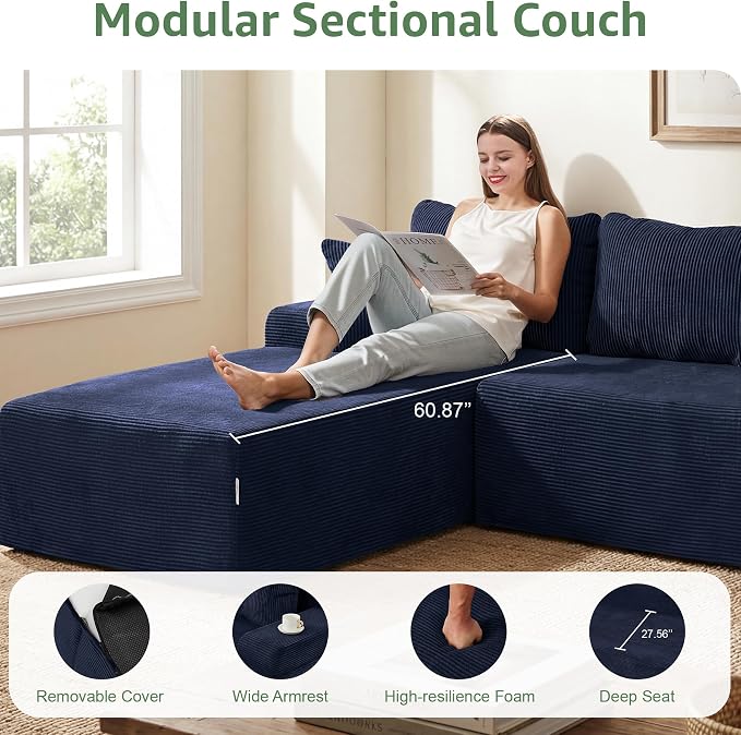 Hobestluk Modular Sectional Sofa Couches L-Shape Couch 3 Seat Modular Sofa Memory Foam Sectional Couches for Living Room, Cloud Couch with Oversized Chaise (Blue Corduroy, 108", Left Hand Facing)