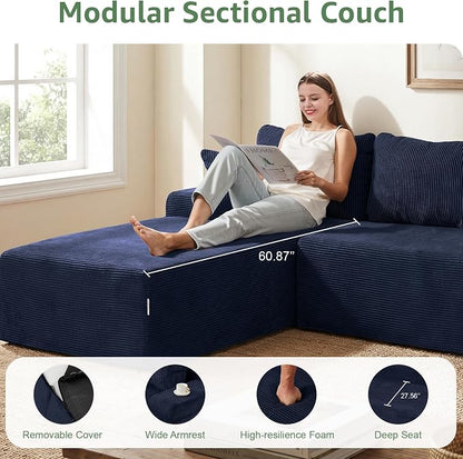 Hobestluk Modular Sectional Sofa Couches L-Shape Couch 3 Seat Modular Sofa Memory Foam Sectional Couches for Living Room, Cloud Couch with Oversized Chaise (Blue Corduroy, 108", Left Hand Facing)