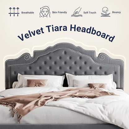 Allewie King Size Bed Frame with Adjustable Velvet Tiara Headboard, Upholstered Diamond Button Tufted Platform Bed, Wood Slats Support, No Box Spring Needed, Light Grey
