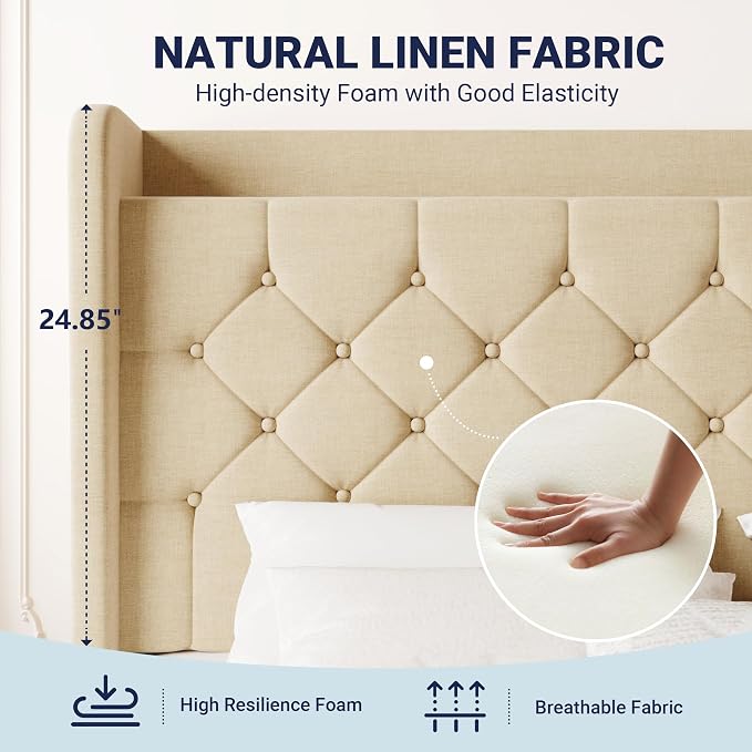 Allewie Full Size Bed Frame, Storage Headboard with Charging Station, Wingback Linen Upholstered, Diamond Stitched Button Tufted, Sturdy Wooden Slats, No Box Spring Needed, Easy Assembly, Beige
