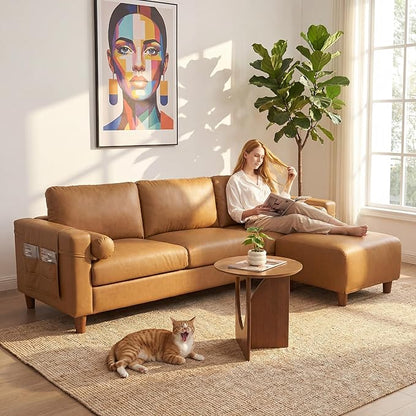 Vesgantti 100" L Shaped Faux Leather Couch with Movable Ottoman, 3 Seater PU Leather Sectional Sofa with Side Pocket, Mid Century Modern Modular Couch for Living Room, Bedroom, Camel Tan