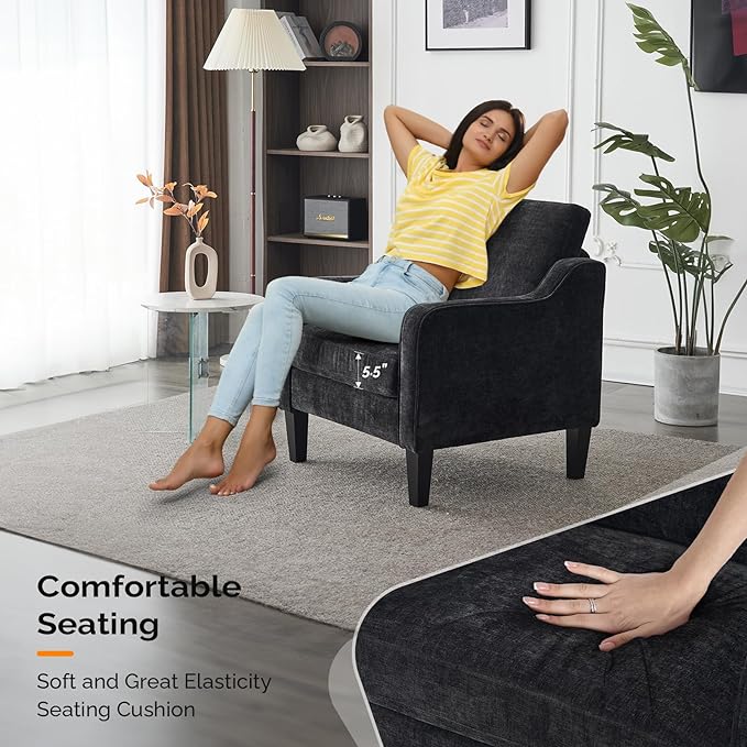 VINGLI Mid-Century Modern Accent Chair, Black Chenille, 30" (W) x 30.7" (D) x 33" (H), 1 Seat, 380 lbs Weight Capacity