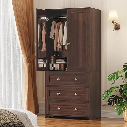 VOWNER Armoire Wardrobe Closet with Drawers and Mirror, 71" Clothing Storage Cabinet with Hanging Rod, 2 Doors Wooden Wardrobe Cabinet for Bedroom, Large Capacity Storage