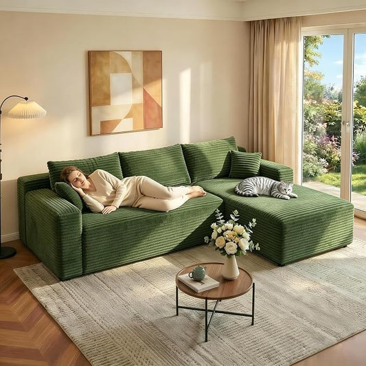 JINGLING 94" L Shape Couch with Right Chaise, Memory Foam Boneless Sectional Sofa in a Box, No Assembly Modular Small Couches for Small Spaces, Living Room, Apartments, Plush Corduroy, Green