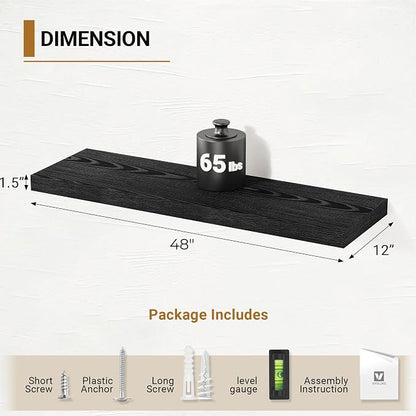 Vivelove Black Floating Shelves for Wall 48 Inches Wide, 12" Deep Wall Shelves for Bedroom, Bathroom, Living Room, Kitchen, Office, Home Decor Shelf with Invisible Brackets, 48X12X1.5 Set of 2