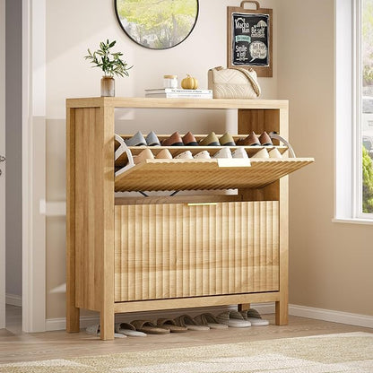 YOMILUVE Shoe Cabinet Storage for Entryway, Fluted Shoe Cabinet with 2 Flip Drawers, Hidden Shoe Rack Tall Freestanding Shoe Organizer with Legs for Hallway, Oak