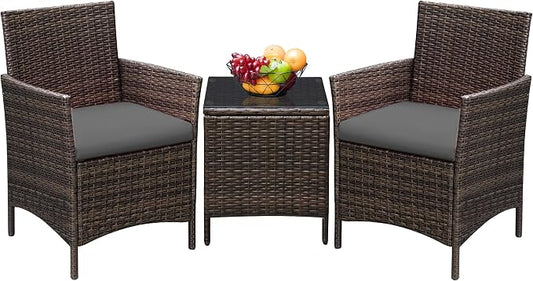 Greesum 3 Pieces Patio Furniture Sets Outdoor PE Rattan Wicker Chairs with Soft Cushion and Glass Coffee Table for Garden Backyard Porch Poolside, Brown and Gray