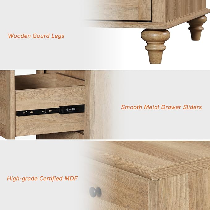WAMPAT 4 Piece Bedroom Set - Includes Farmhouse 3 Drawer Storage Dressers, Set of 2 Nightstands with 3 Drawers, Dresser and Nightstand Sets, Oak