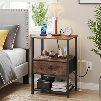 LOAKEKEL Nightstands Set of 2 with Charging Station, Night Stand with Fabric Drawer, End Tables Living Room with Storage Shelf for Small Spaces, Bed Side Tables for Bedroom, Rustic Brown HETS010PBR
