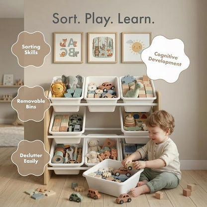 Humble Crew Toy Storage Organizer with 9 Removable Storage Bins for Kids Playroom, 3-Tier Toy Organization, Natural Wood/White