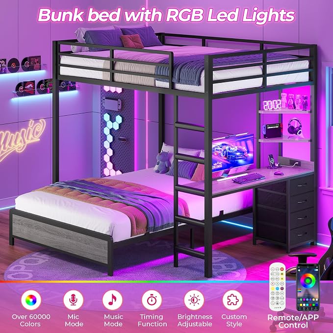 ADORNEVE Bunk Bed with Desk, Full Over Full Bunk Beds with Charging Station & Led Lights, 4 Storage Drawers & 2 Open Storage Shelves, Metal Loft Bed with Safety Guardrail & Ladder for Kids/Teen, Grey