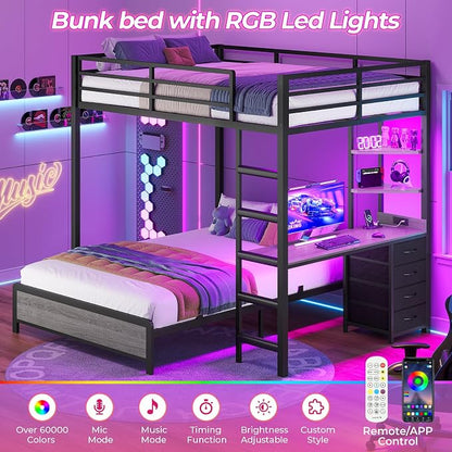 ADORNEVE Bunk Bed with Desk, Full Over Full Bunk Beds with Charging Station & Led Lights, 4 Storage Drawers & 2 Open Storage Shelves, Metal Loft Bed with Safety Guardrail & Ladder for Kids/Teen, Grey