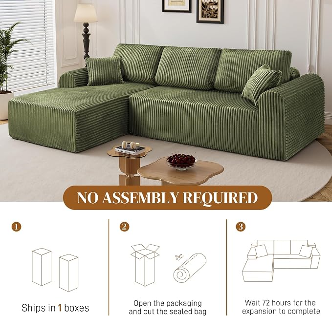 110" L Shaped Boneless Sectional Couches for Living Room, Comfy Corduroy Floor Cloud Sofa with Chaise, Wide Armrest, Deep Seat, Memory Foam, Assembly Free, Ideal for Small Spaces, Green