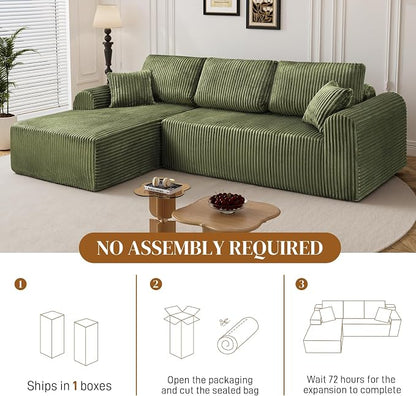 110" L Shaped Boneless Sectional Couches for Living Room, Comfy Corduroy Floor Cloud Sofa with Chaise, Wide Armrest, Deep Seat, Memory Foam, Assembly Free, Ideal for Small Spaces, Green