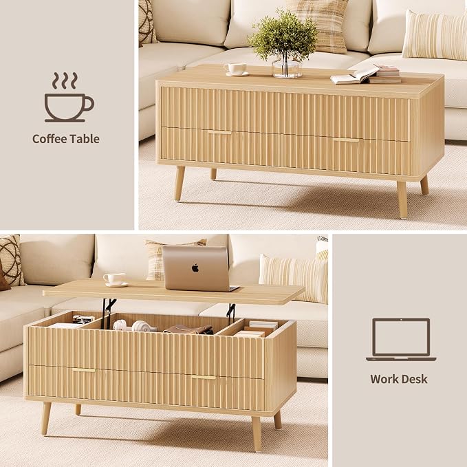 Lift Top Coffee Table with Storage - Fluted Wood Coffee Tables for Living Room with Drawers & Hidden Compartment, Mid Century Modern Square Large Center Table for Home Office, Reception