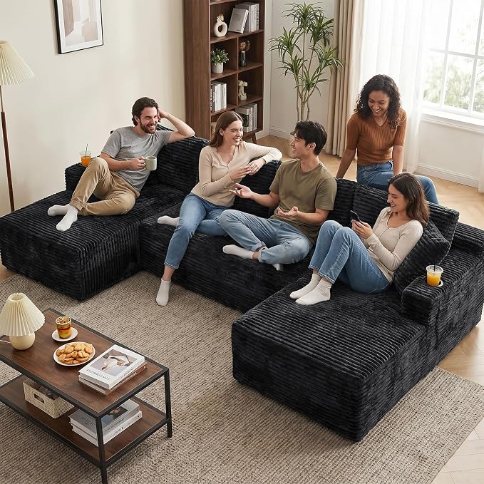 Boneless Couch, 127" Sofas for Living Room, U Shaped Couch with Chaise | Sectional Sofa, Cloud Couch Sectional with Cup Holders and Storage, Cloud Sofa with Deep Seat, Black, Corduroy, No Assembly