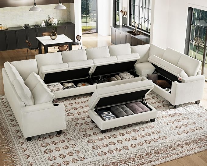 Belffin Oversized U Shaped Modular Sectional Couch for Living Room 10 Seater Modular Sofa Set with Storage Ottoman Large Sectional Couch with Cup Holder White