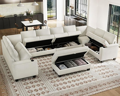 Belffin Oversized U Shaped Modular Sectional Couch for Living Room 10 Seater Modular Sofa Set with Storage Ottoman Large Sectional Couch with Cup Holder White
