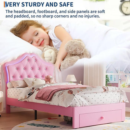Twin Size Bed Frame for Girls with Storage Drawers & LED Lights, Upholstered Platform Bed, Velvet Crystal Button Princess Bed, Noise-Free Slats, No Box Spring Needed for Kids, Teens, Pink