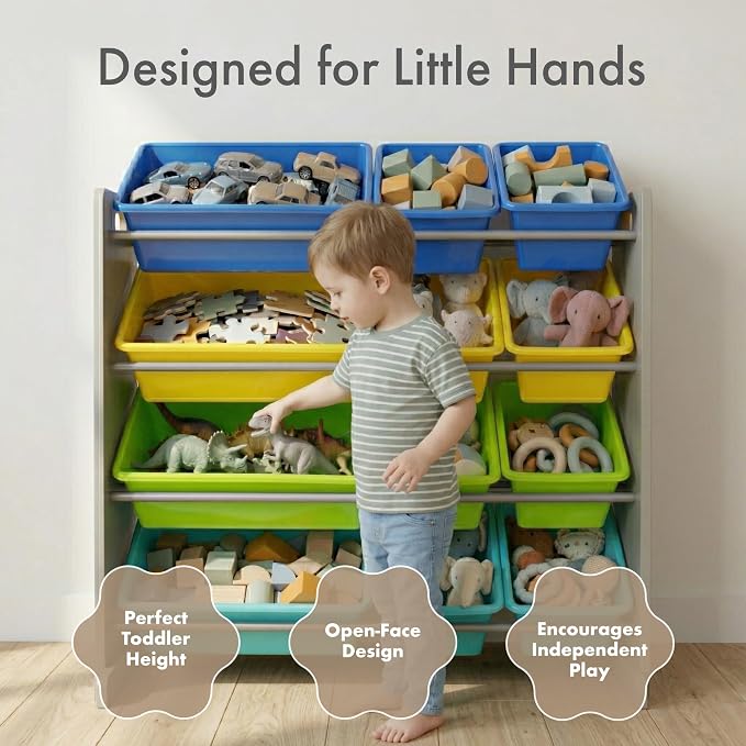 Humble Crew Toy Storage Organizer with 12 Removable Storage Bins for Kids Playroom, 4-Tier Toddler Toy Organization, Grey/Blue/Green/Yellow