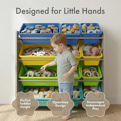 Humble Crew Toy Storage Organizer with 12 Removable Storage Bins for Kids Playroom, 4-Tier Toddler Toy Organization, Grey/Blue/Green/Yellow