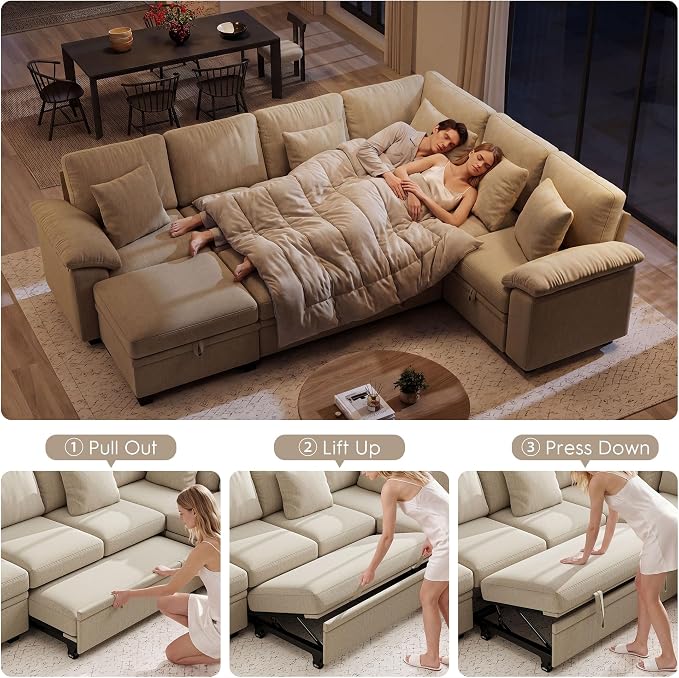 Ihanherry 108" Modular Sectional Sofa with Pull Out Bed, 6-Seater U Shaped Sectional Sleeper Couch with Storage Ottoman, Chenille Convertible Couches for Living Room, Apartment (Sand)