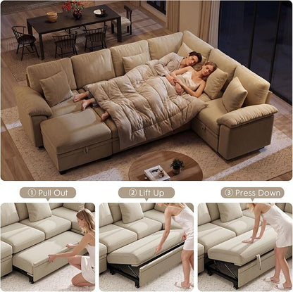 Ihanherry 108" Modular Sectional Sofa with Pull Out Bed, 6-Seater U Shaped Sectional Sleeper Couch with Storage Ottoman, Chenille Convertible Couches for Living Room, Apartment (Sand)