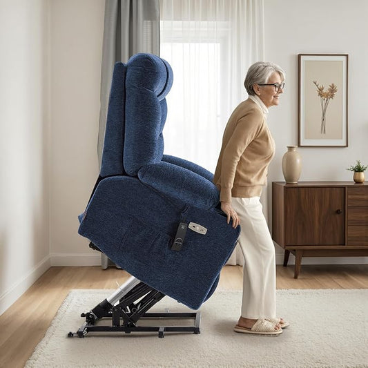 MCombo Oversized Power Lift Recliner Chair with Extended Footrest, Extra Wide for Big and Tall Elderly People, Fabric R7289 (Navy Blue, Medium-Wide)