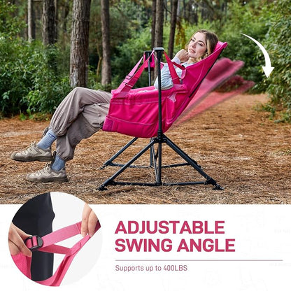 EVER ADVANCED Padded Oversized Hammock Camping Chair, Compact Heavy Duty Swing Chair with Multi-Storage Pockets, Portable Folding Rocking Camping Chair, Support Up to 400lbs, Pink